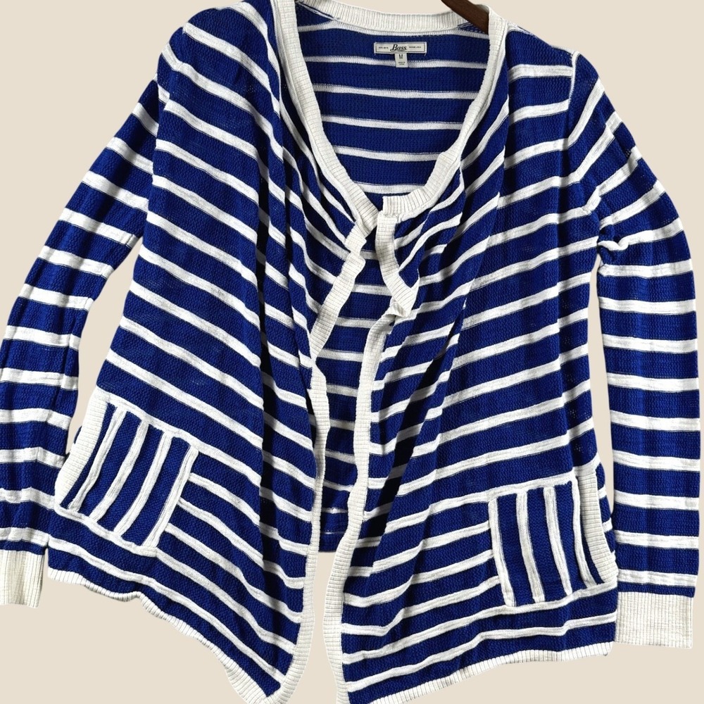 Bass Cardigan Sweater Women M Blue White Striped Open Coastal Nautical Knit